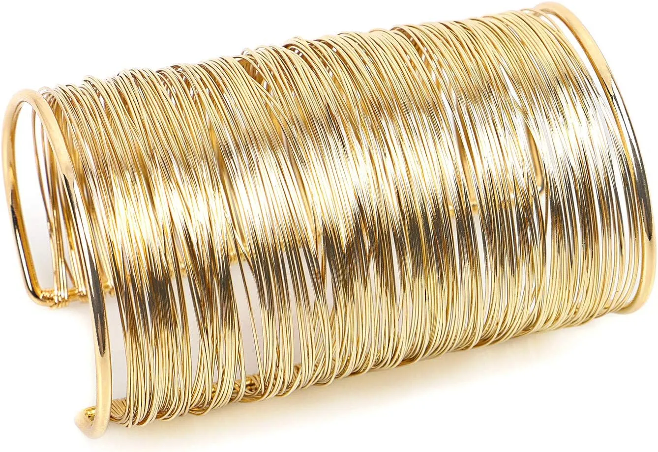 QTMY Alloy Metal Gold Thin Thread Wire Open Cuff Wide Bracelet Bangle