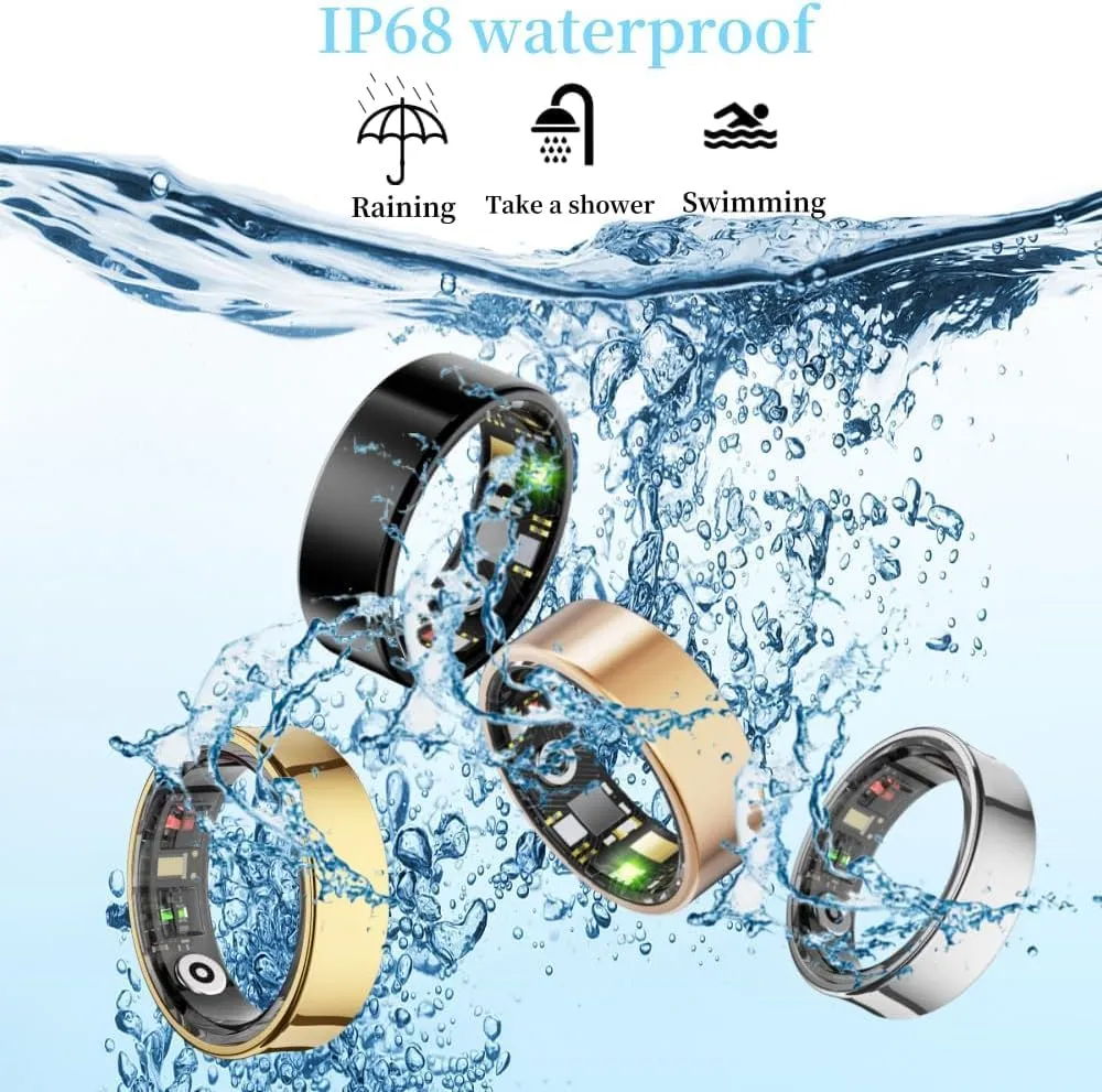 Smart Health Ring for Women Men Fitness Tracker with Heart Rate, Blood Oxygen, Blood Pressure, Sleep Monitoring, Step Counting, IP68 Waterproof for iPhone and Android, No Fee (Gold, 7)