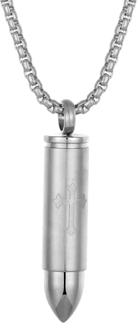 Urban Jewelry Striking Men??s Bullet Locket Necklace ?C Detailed with the Lord??s Cross in a Polished Gold, Silver or Black Finish ?C Rust & Discoloration Resistant Stainless Steel Pendant and Chain