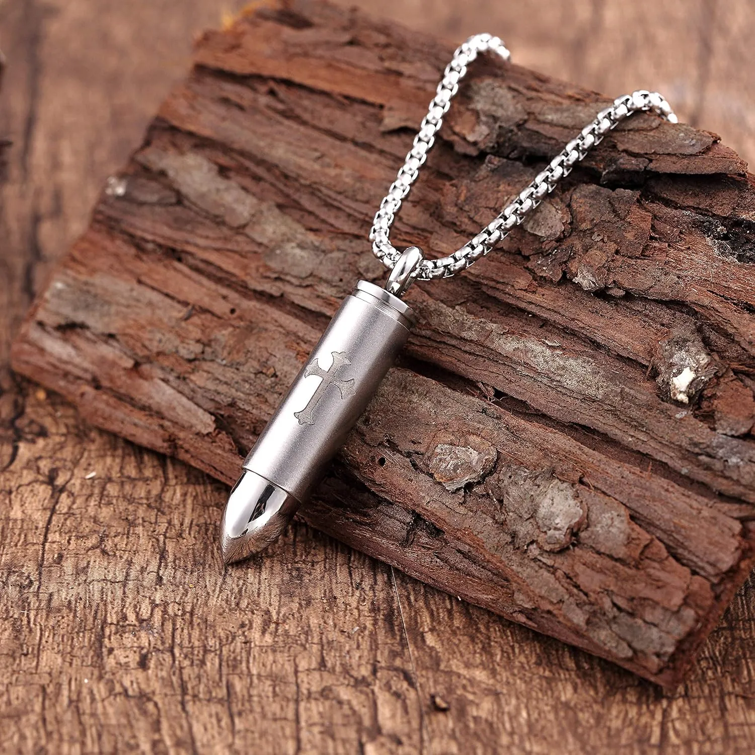 Urban Jewelry Striking Men??s Bullet Locket Necklace ?C Detailed with the Lord??s Cross in a Polished Gold, Silver or Black Finish ?C Rust & Discoloration Resistant Stainless Steel Pendant and Chain