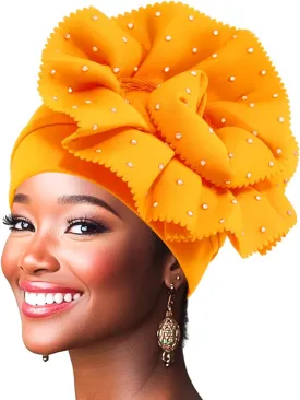 Urieo African Turban Headwrap Flower Pre Tied Head Wrap Cap Pearl Beanie Head Scarf for Women (Orange)