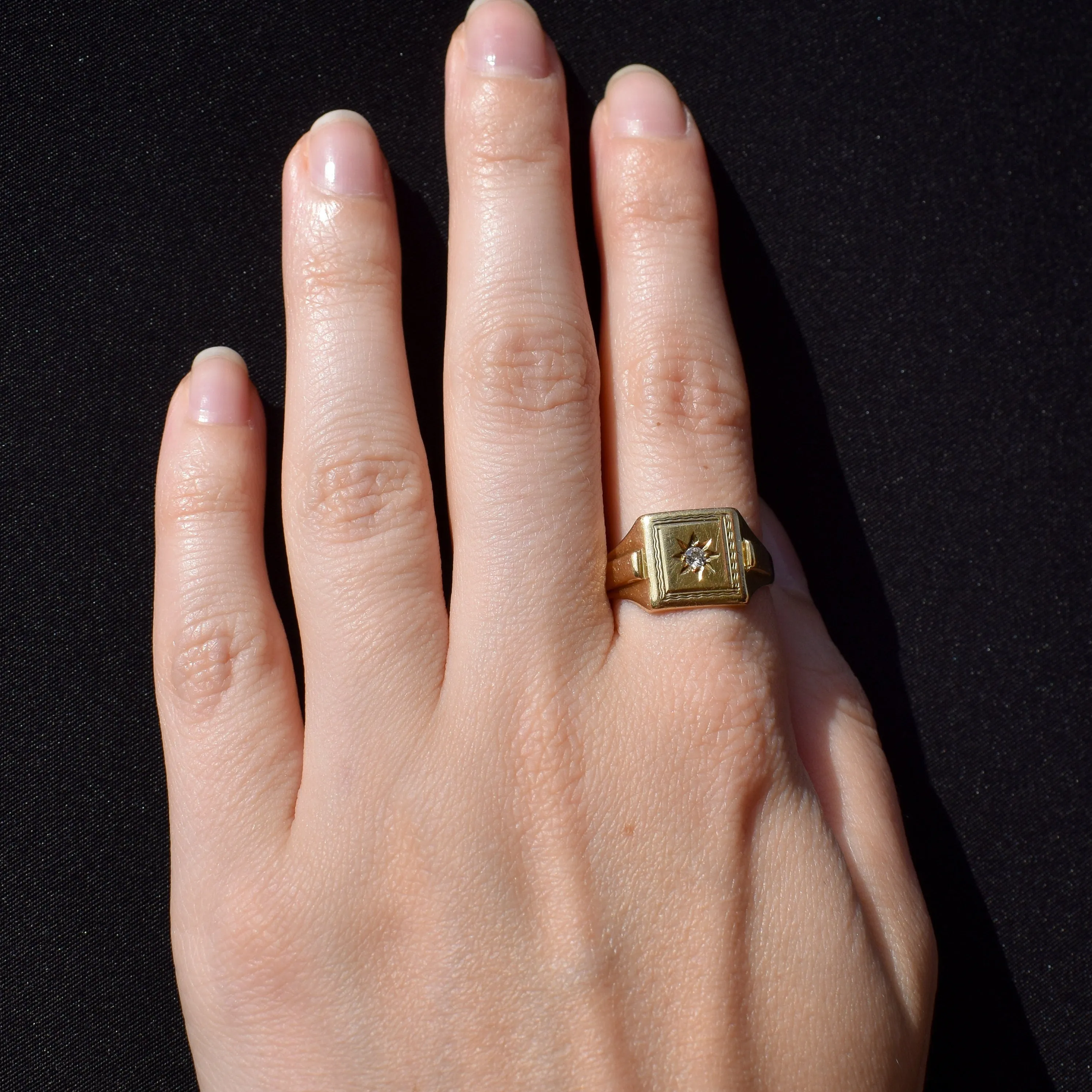 Vintage Diamond Square 18ct Yellow Gold Signet Ring | Dated 1940