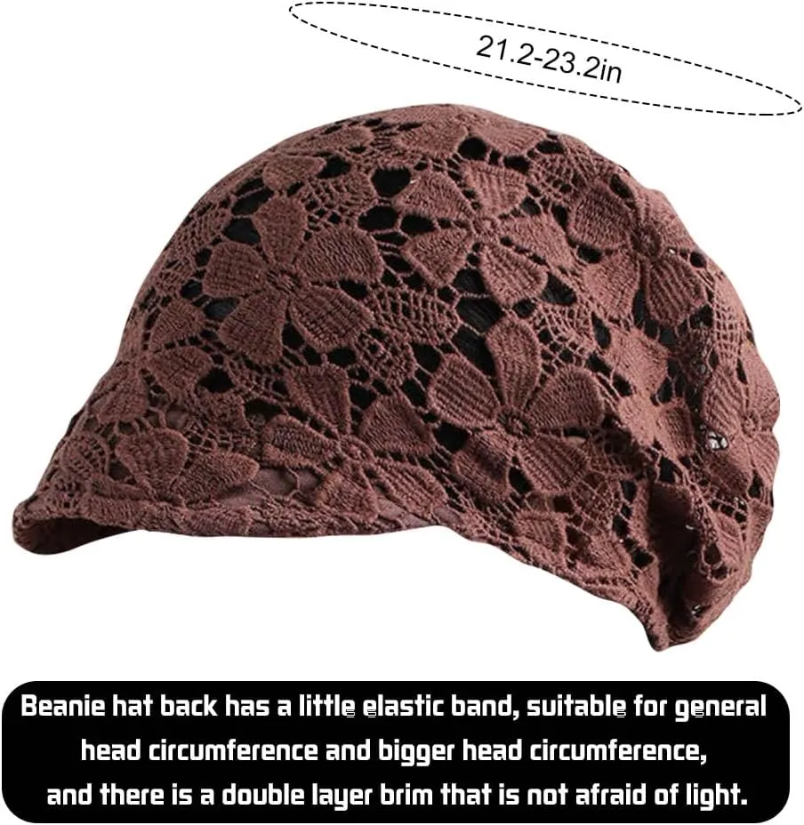 Women Fall Slouchy Crochet Beanie Hat Spring Summer Handmade Cutout Knit Skull Cap with Brim Visor