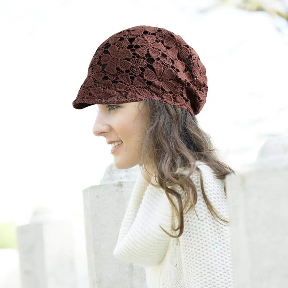 Women Fall Slouchy Crochet Beanie Hat Spring Summer Handmade Cutout Knit Skull Cap with Brim Visor