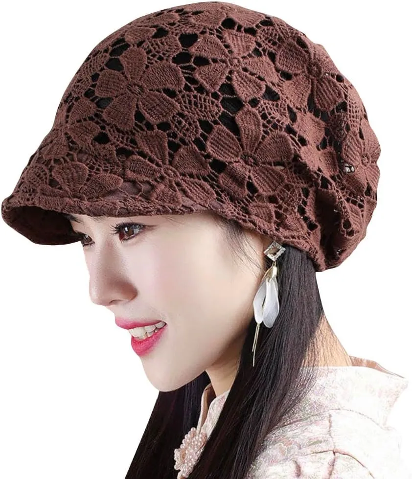 Women Fall Slouchy Crochet Beanie Hat Spring Summer Handmade Cutout Knit Skull Cap with Brim Visor