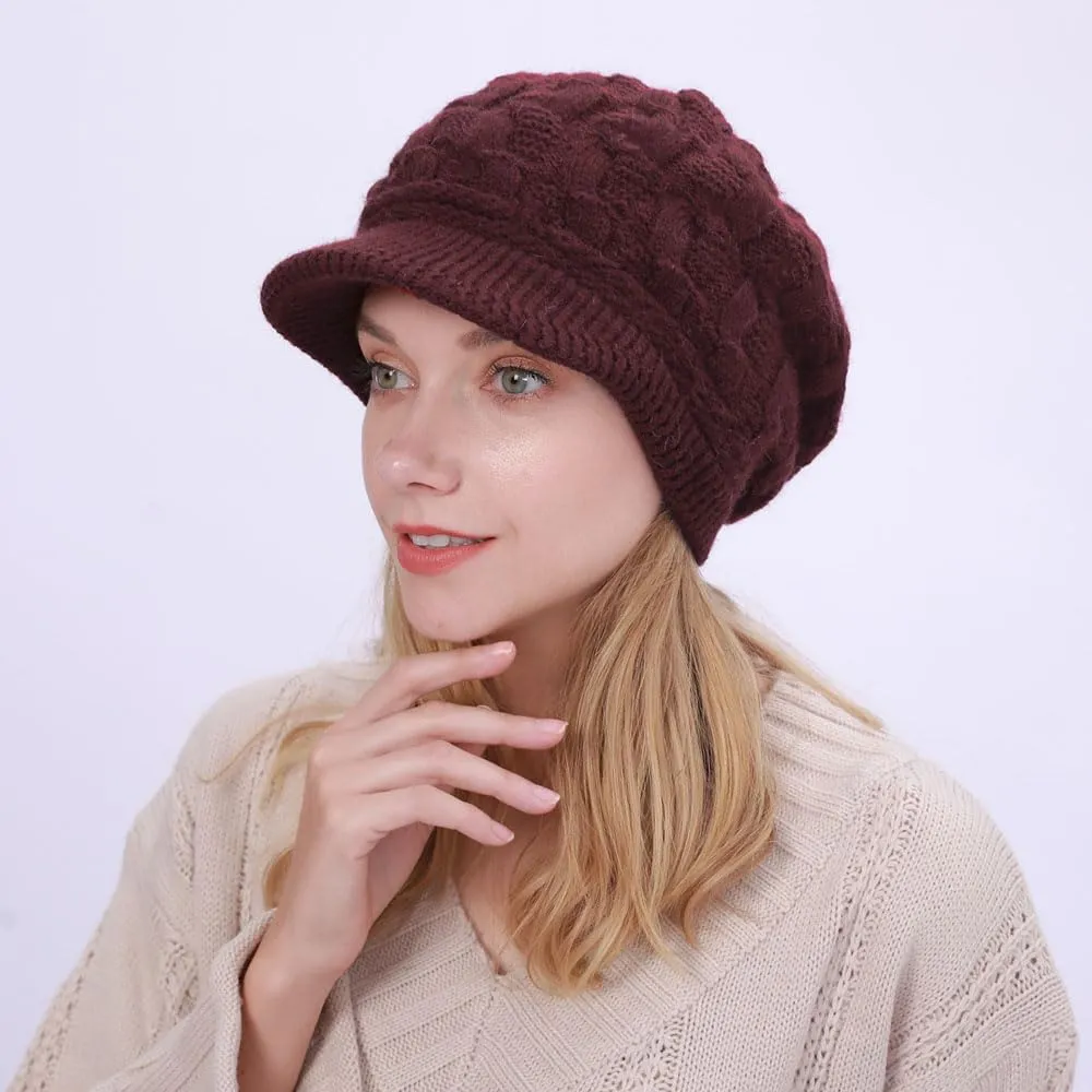 Women Winter Warm Knit Hat Fleece Lined Snow Ski Cap with Visor
