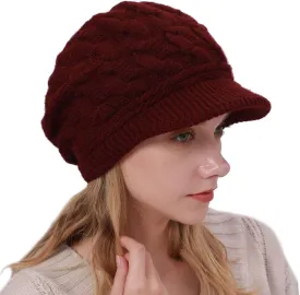 Women Winter Warm Knit Hat Fleece Lined Snow Ski Cap with Visor