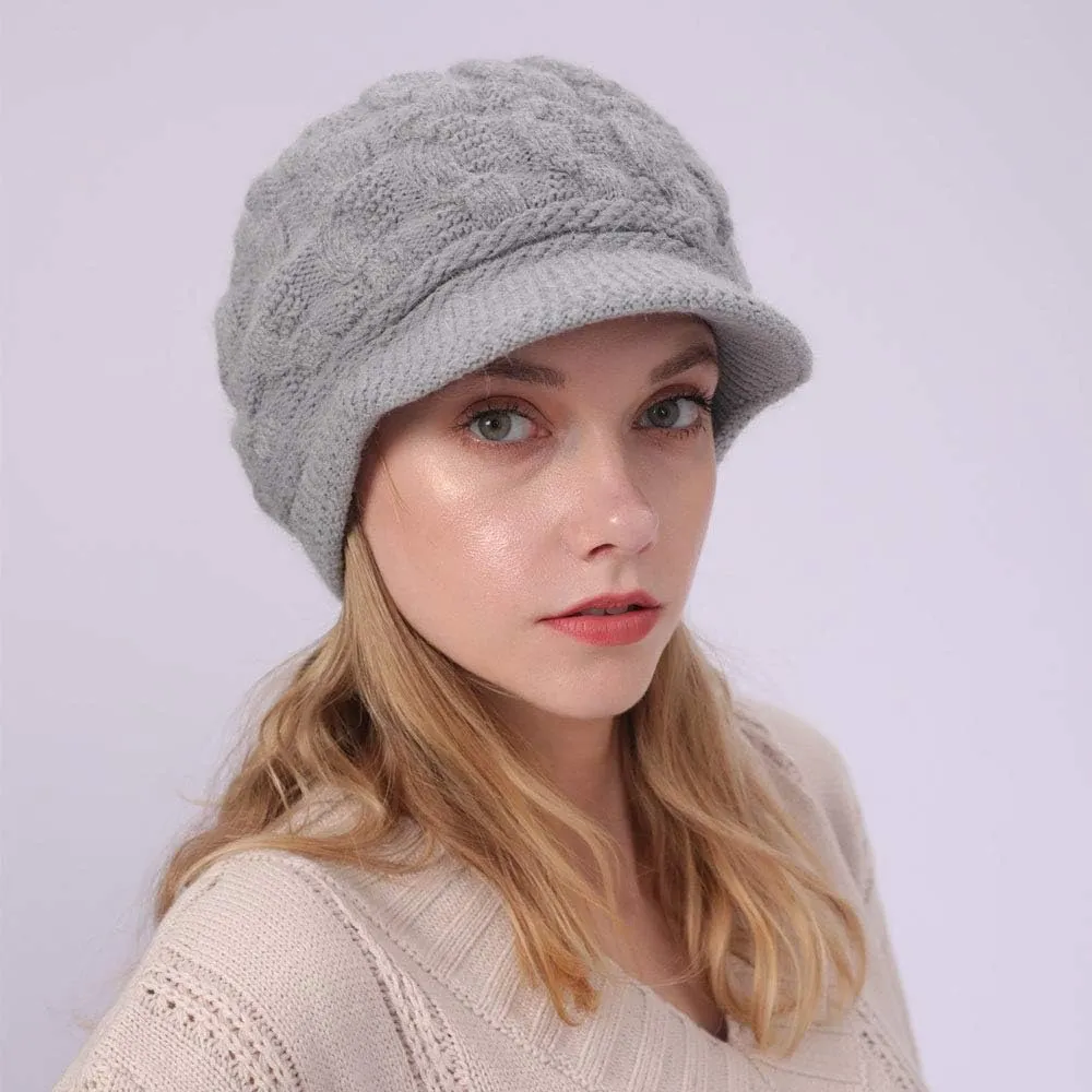 Women Winter Warm Knit Hat Fleece Lined Snow Ski Cap with Visor