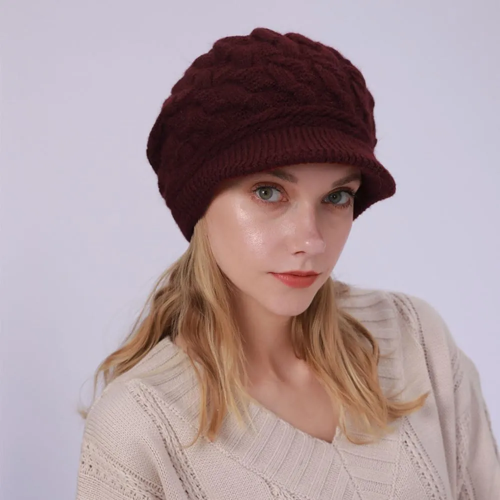 Women Winter Warm Knit Hat Fleece Lined Snow Ski Cap with Visor