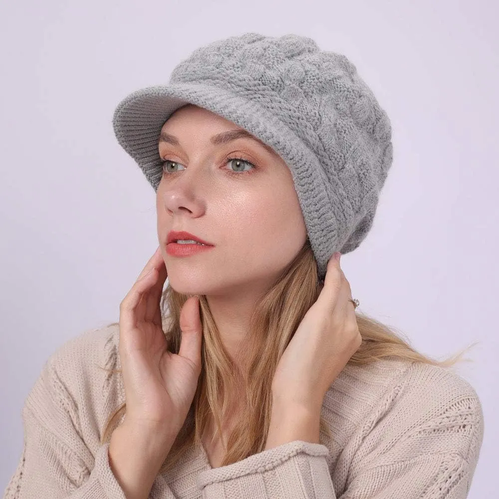 Women Winter Warm Knit Hat Fleece Lined Snow Ski Cap with Visor