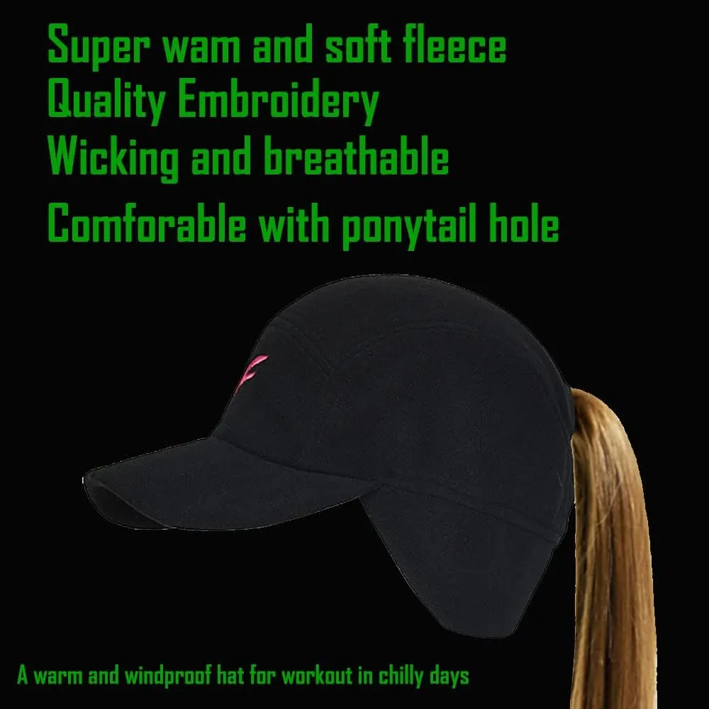 Womens Athletic Winter Hat with Ponytail Hole - Fleece Running Hat for Womens