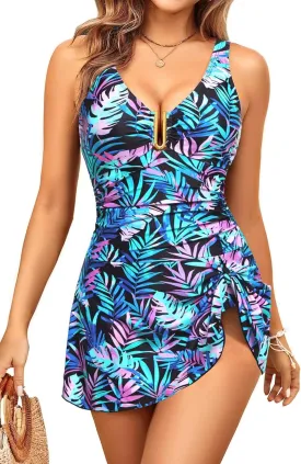 Women's One Piece Swimdress- Tummy Control Swimsuits with Skirt V Neck U Ring Bathing Suit Tie Knot Swimwear 2025